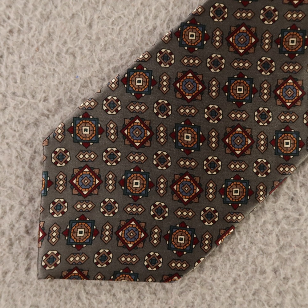 VINTAGE Lazarus Tie Gray Silver Red Blue Geometric Silk Made in USA 4" NEW